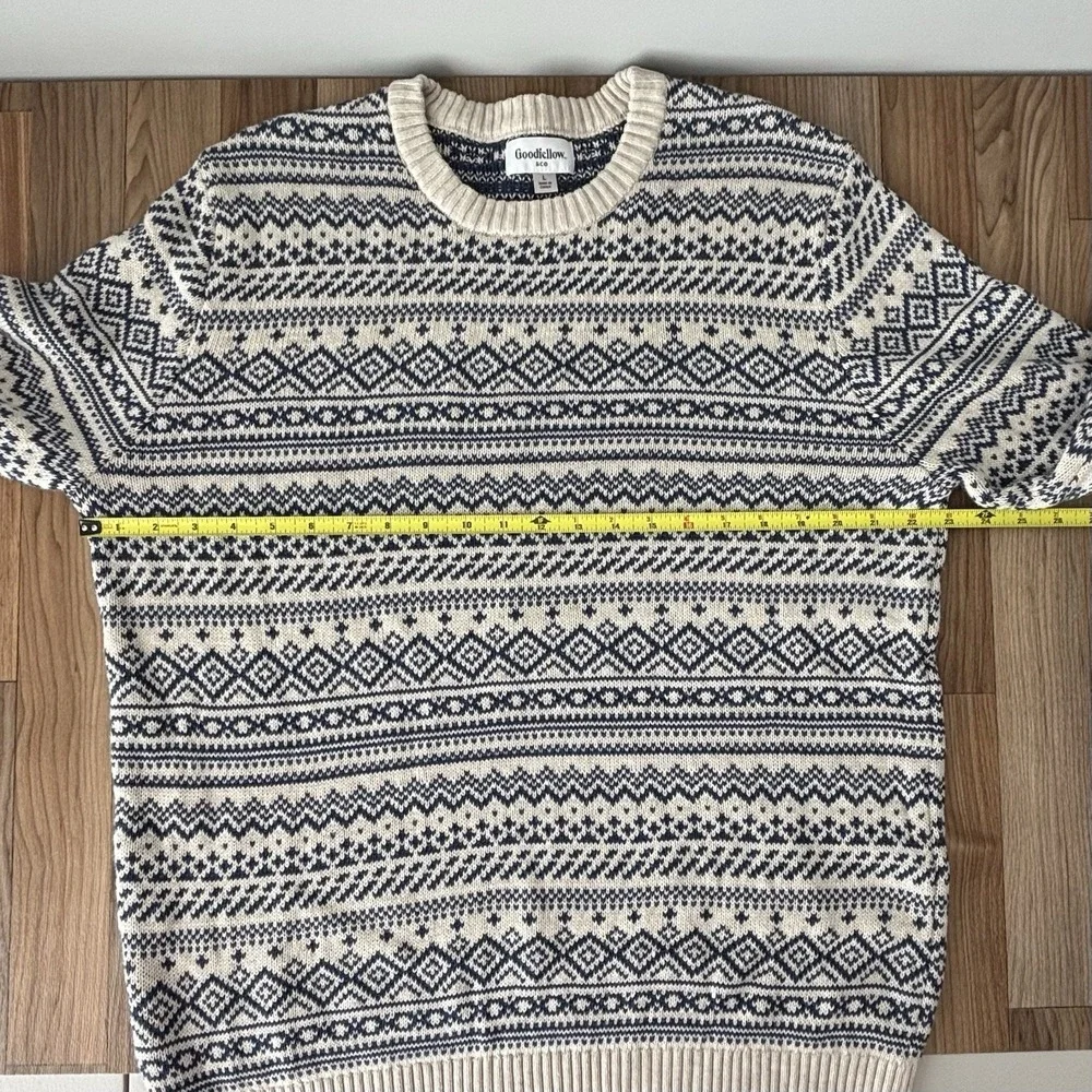 Mens Fair Isle Sweater‎ 100% Cotton Navy Blue Beige Sz L Grandpa Preppy Academia
